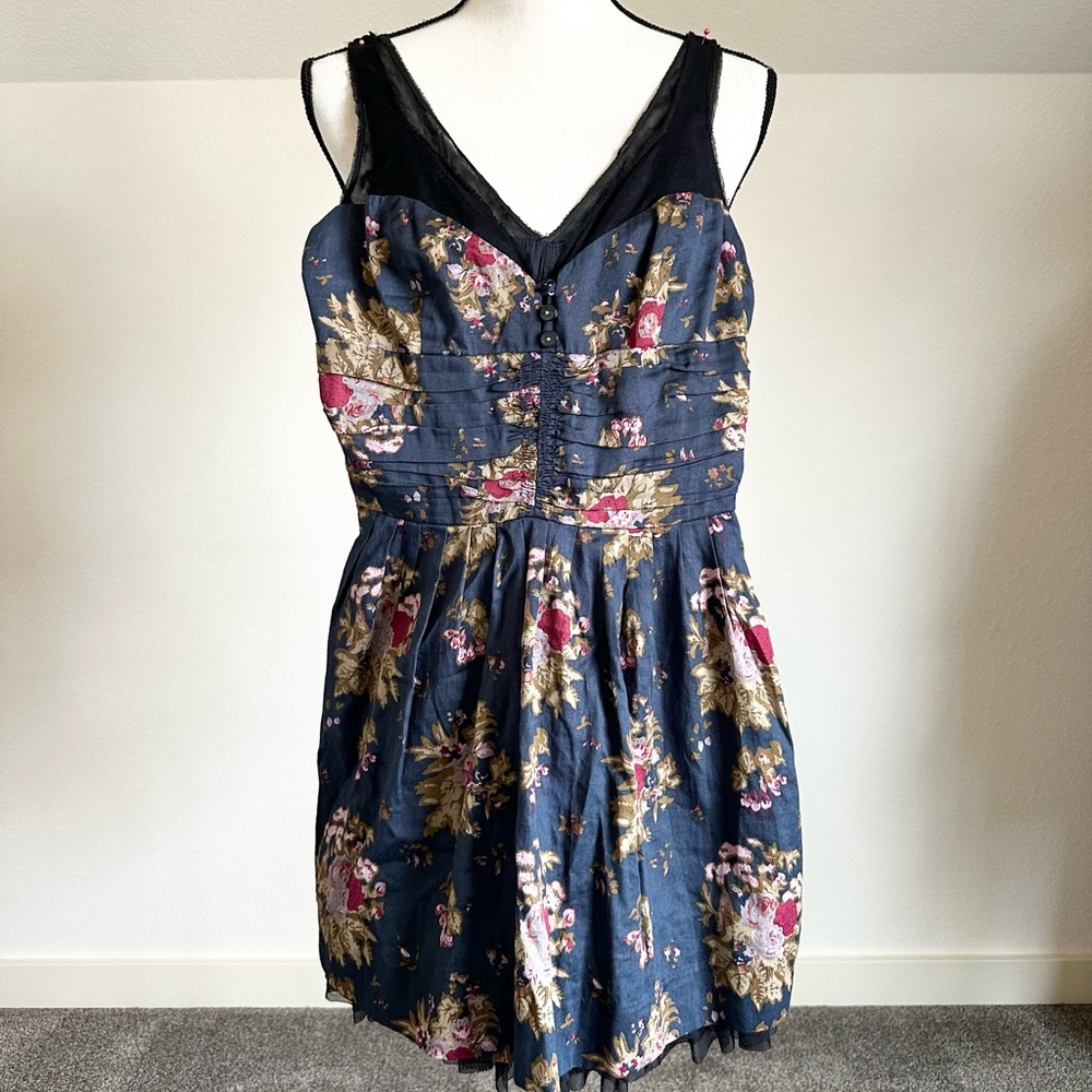 Free People Mesh Sleeveless Floral Dress Navy Blue Size Four 4